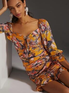 Ranna Gill Anthropologie Ruched Floral Mini Dress Sz Small